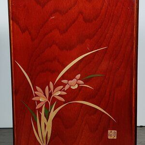 Pencil Art Box Japan, Handpainted in Gold Leaves & Pink Lillies Mahogony Wood